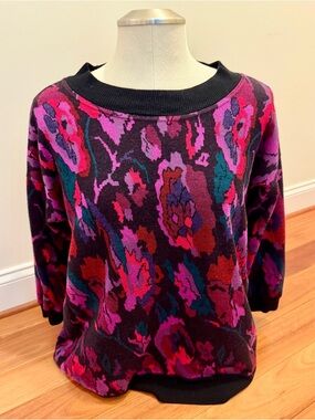 VTG 80s Made in USA Floral Abstract Crewneck Sweater in Multi-Pink